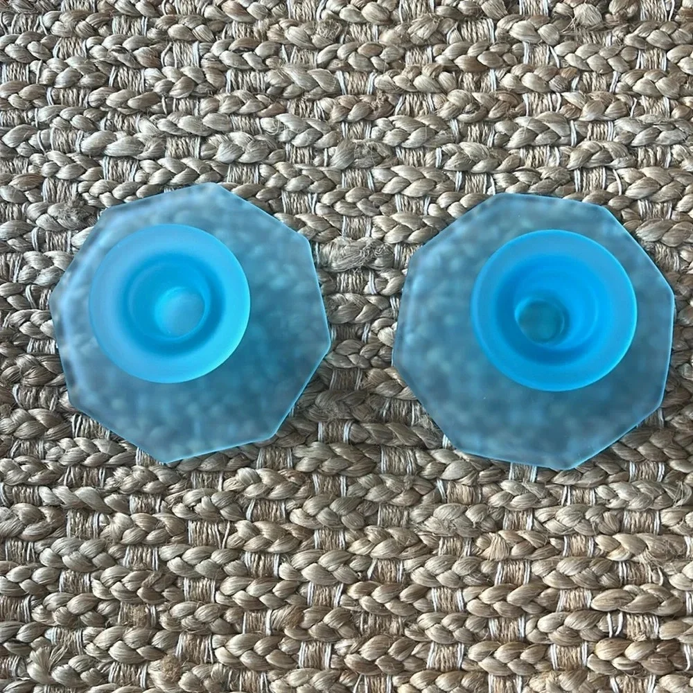 Set of 2 Octagonal Base Taper Candle Holders in Opaque Blue Glass. Beachy
